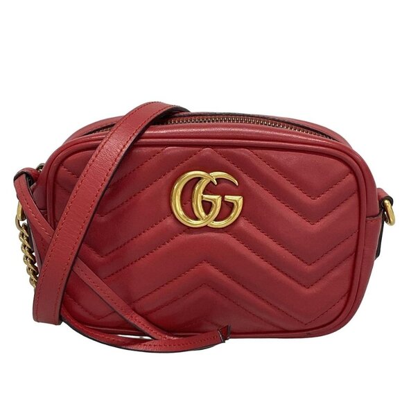 Auth GUCCI GG Marmont Mini Camera Bag 448065 Red Leather Shoulder Bag - Picture 1 of 15